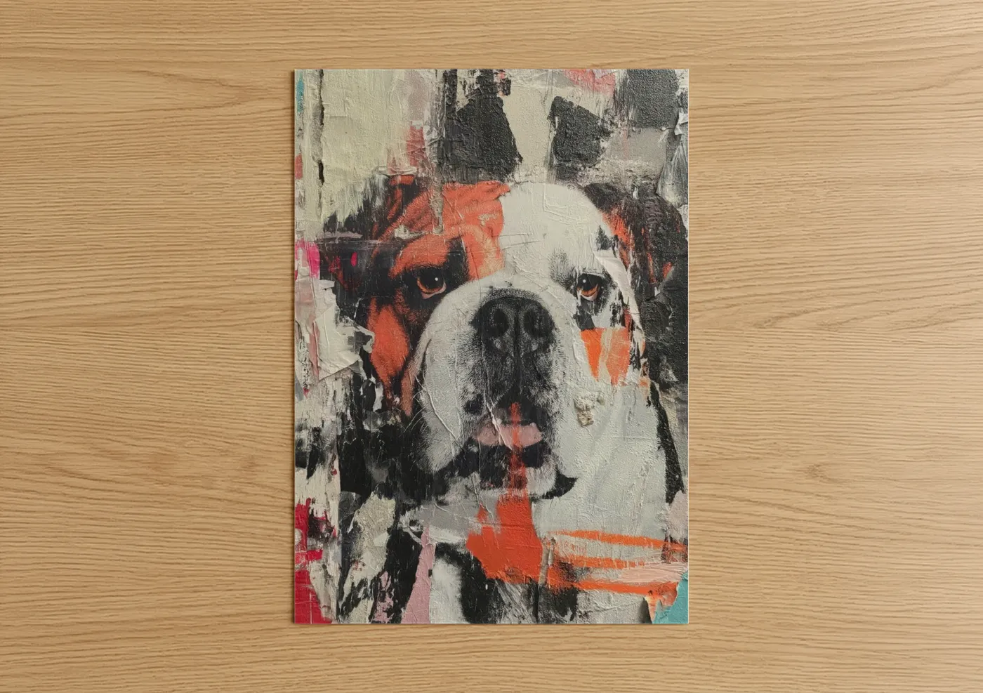 Art print on warm oak wood — white and orange palette — Vibrant Bulldog Portrait poster