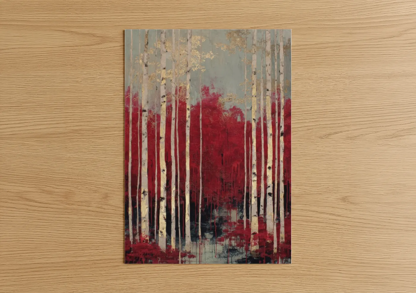 Birch tree art print on warm oak wood — red and gold palette — Crimson Birch Forest poster