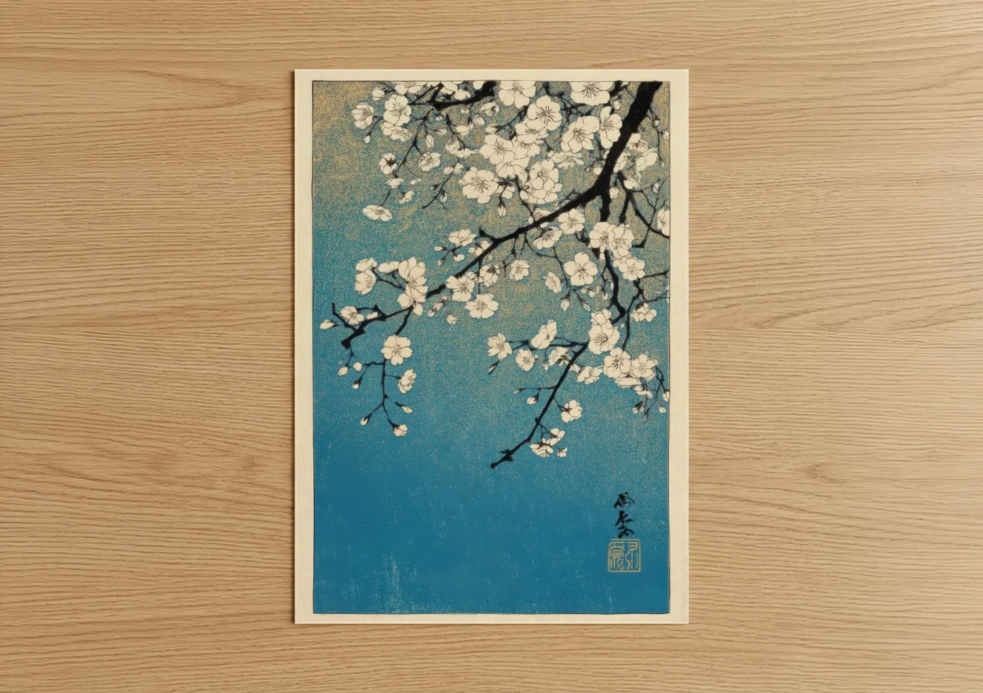 Teal Cherry Blossoms Japanese Woodblock Wall Art