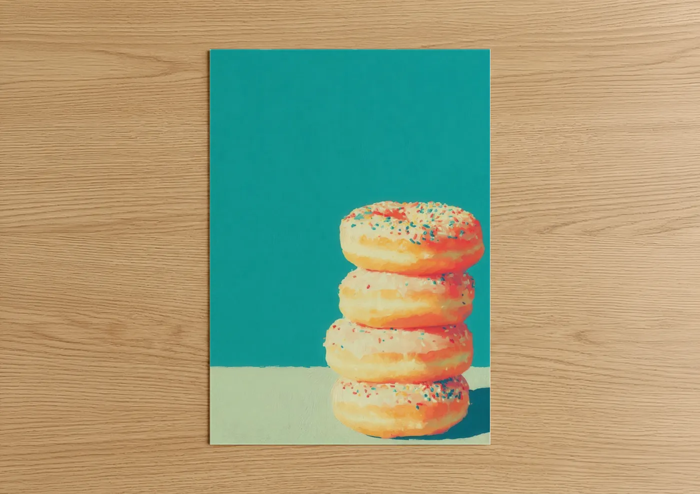 Fast food art print on warm oak wood — turquoise and pink palette — Colorful Donut Stack poster