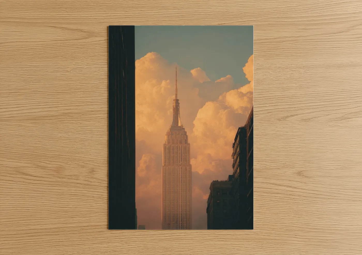 Empire state building art print on warm oak wood — gold and gray palette — Golden Hour Empire poster