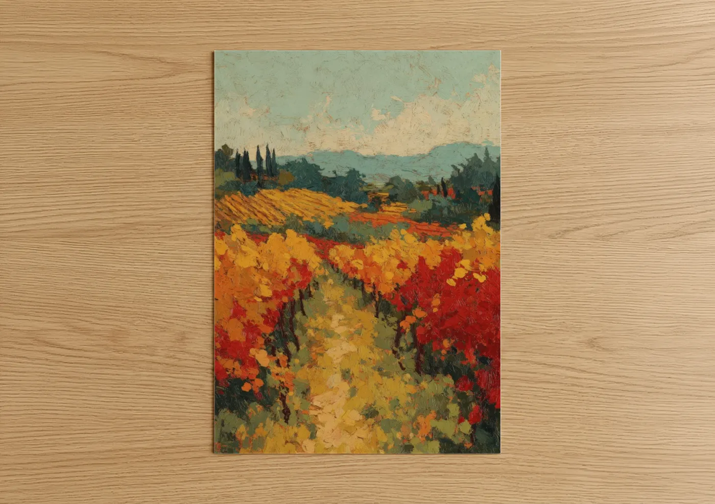 Vineyards art print on warm oak wood — red and gold palette — Tuscan Vineyard poster