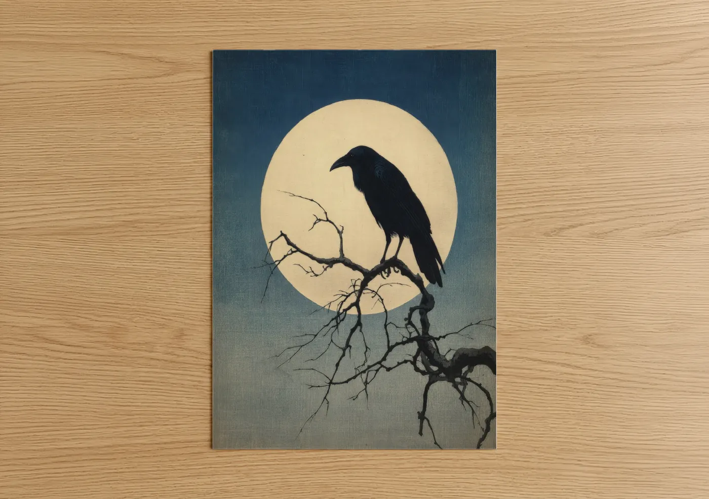Crows and ravens art print on warm oak wood — dark blue and cream palette — Moonlit Raven poster