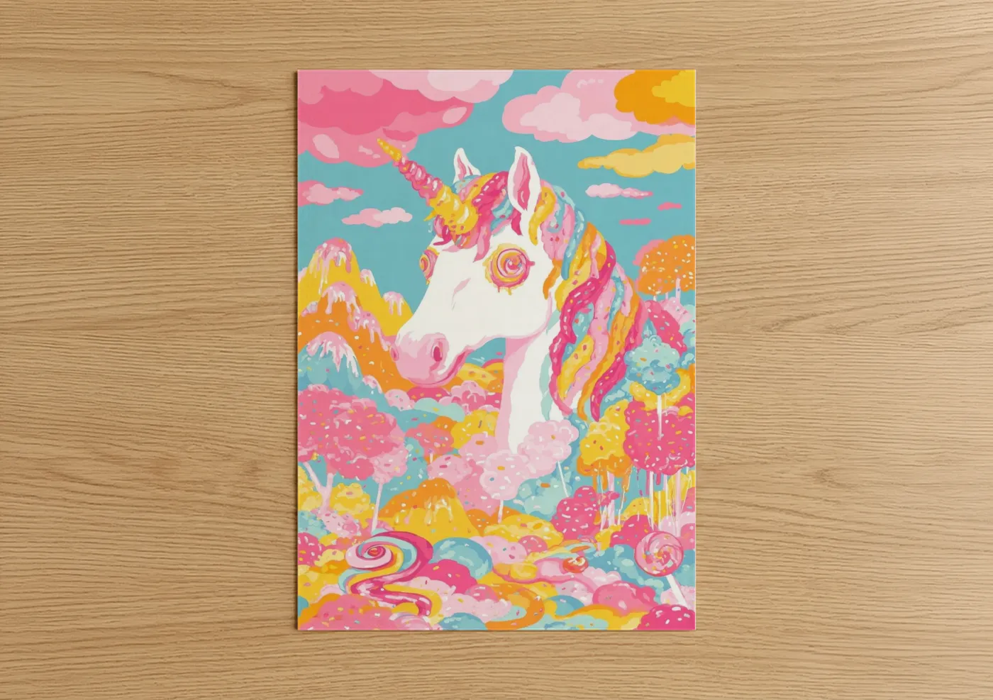 Unicorns art print on warm oak wood — pink and yellow palette — Candy Unicorn poster