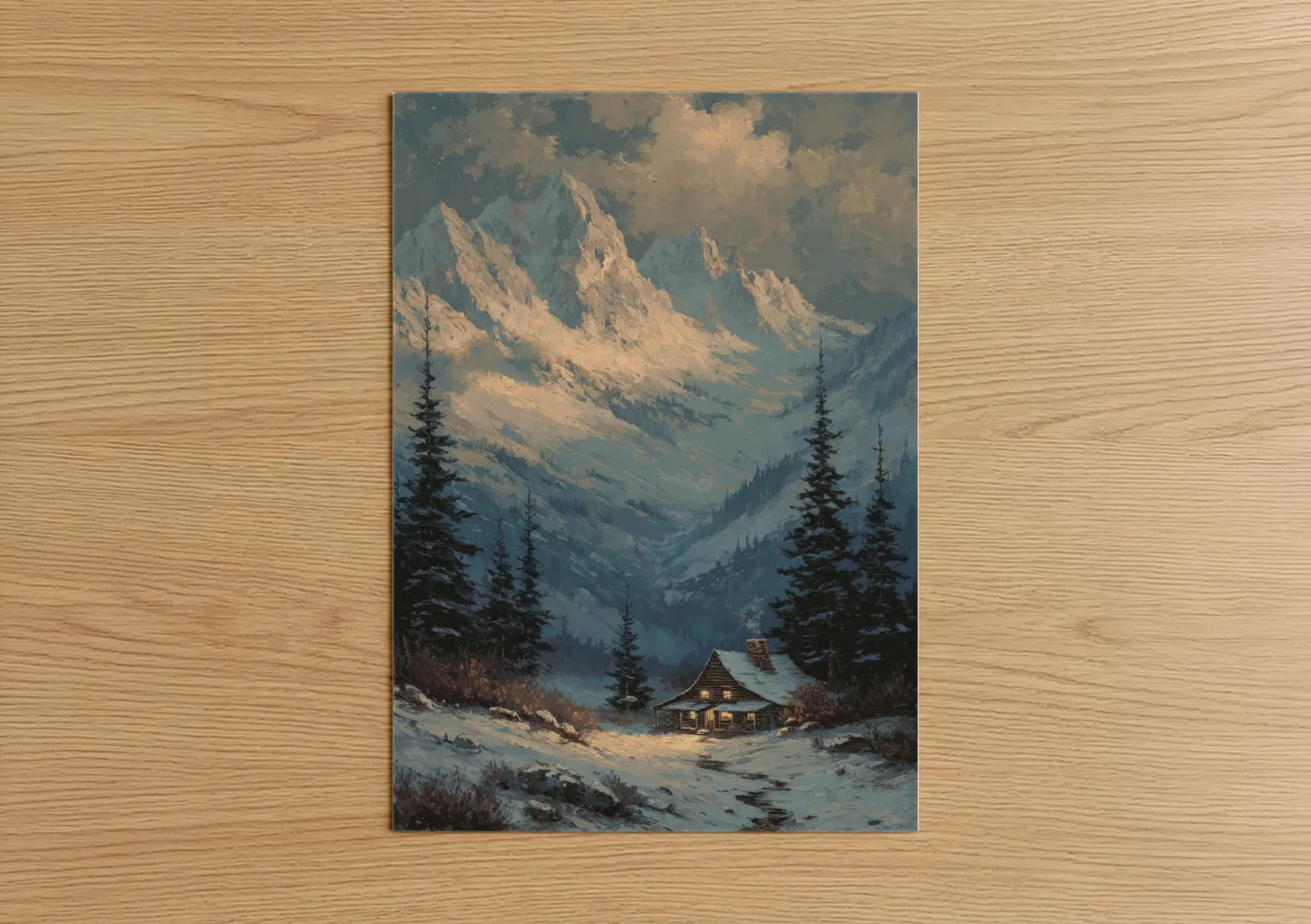 Snow-Capped Mountain Cabin Winter Landscape Wall Art