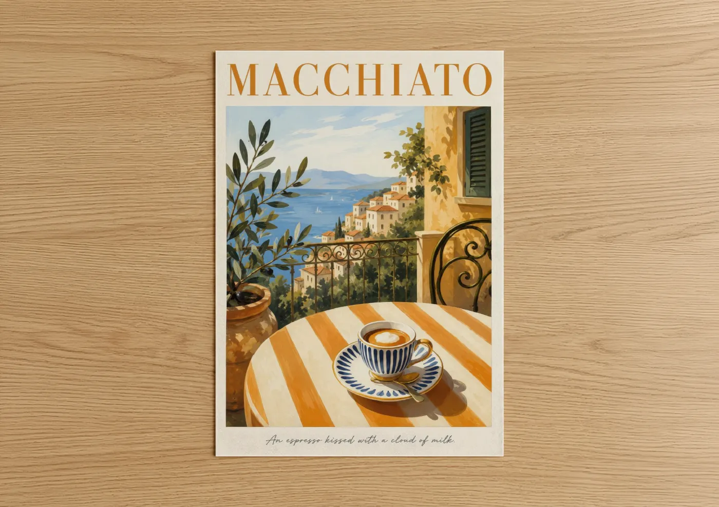Art print on warm oak wood — gold and blue palette — Mediterranean Coastal Coffee View Wall Art poster