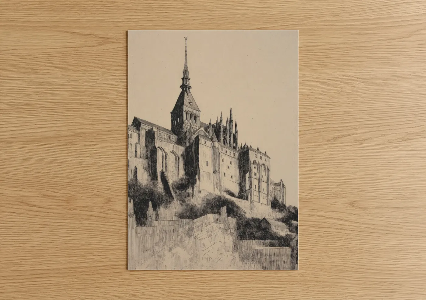 Art print on warm oak wood — black and white palette — Mont Saint-Michel Fortress poster