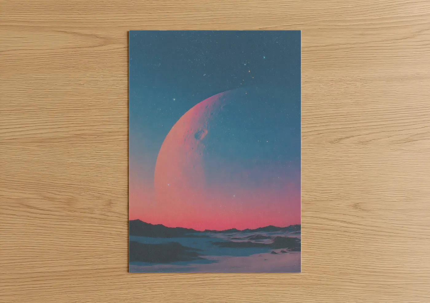 Art print on warm oak wood — blue and salmon pink palette — Pink Galaxy Rise poster