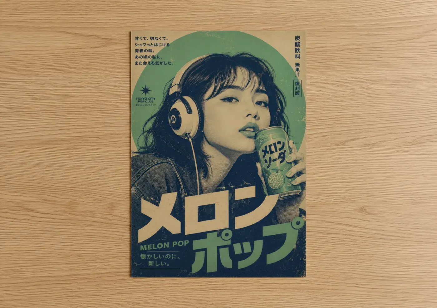Fashion illustration art print on warm oak wood — cream and sage green palette — Vintage Japanese Pop Advertisement Wall Art poster