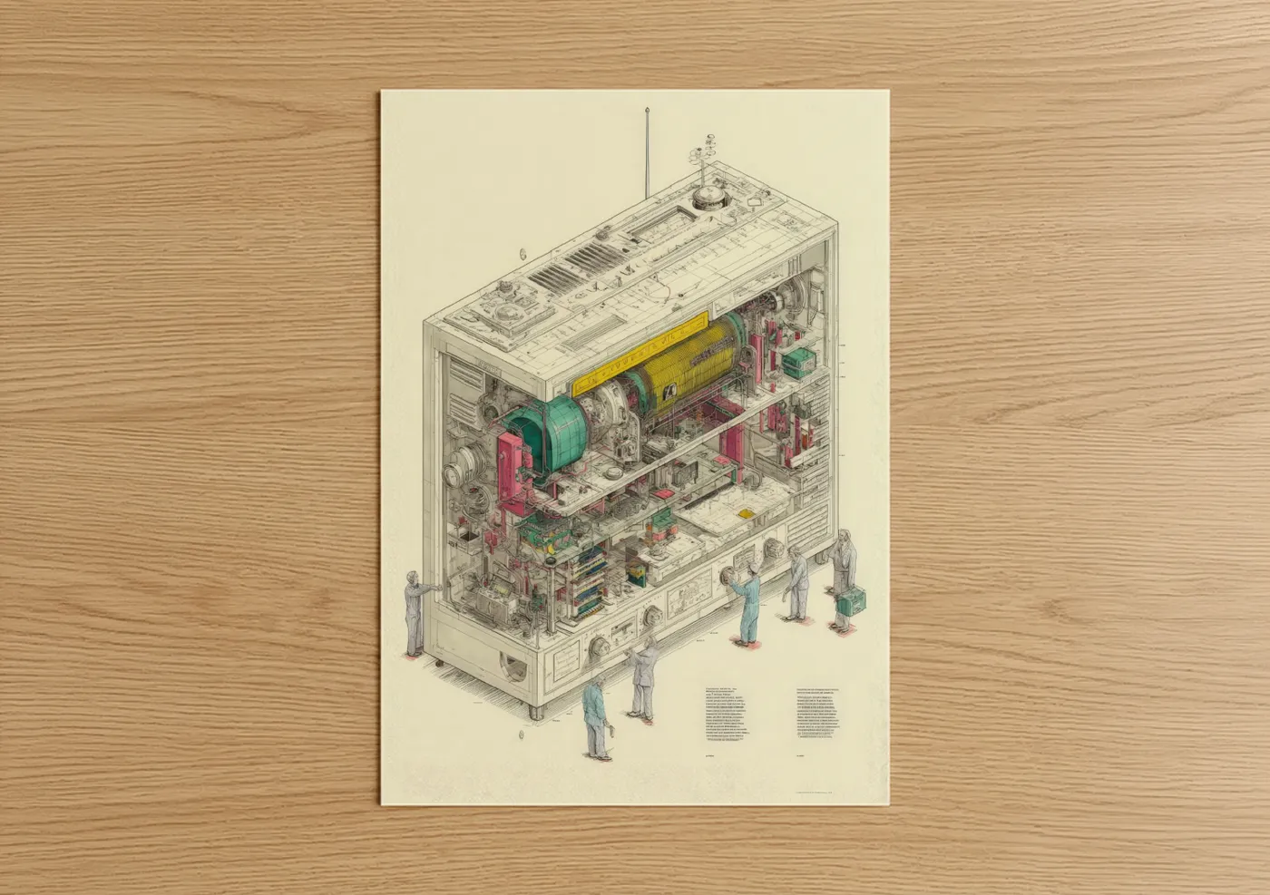 Blueprints art print on warm oak wood — cream and yellow gold palette — Radio Transmission Blueprint poster