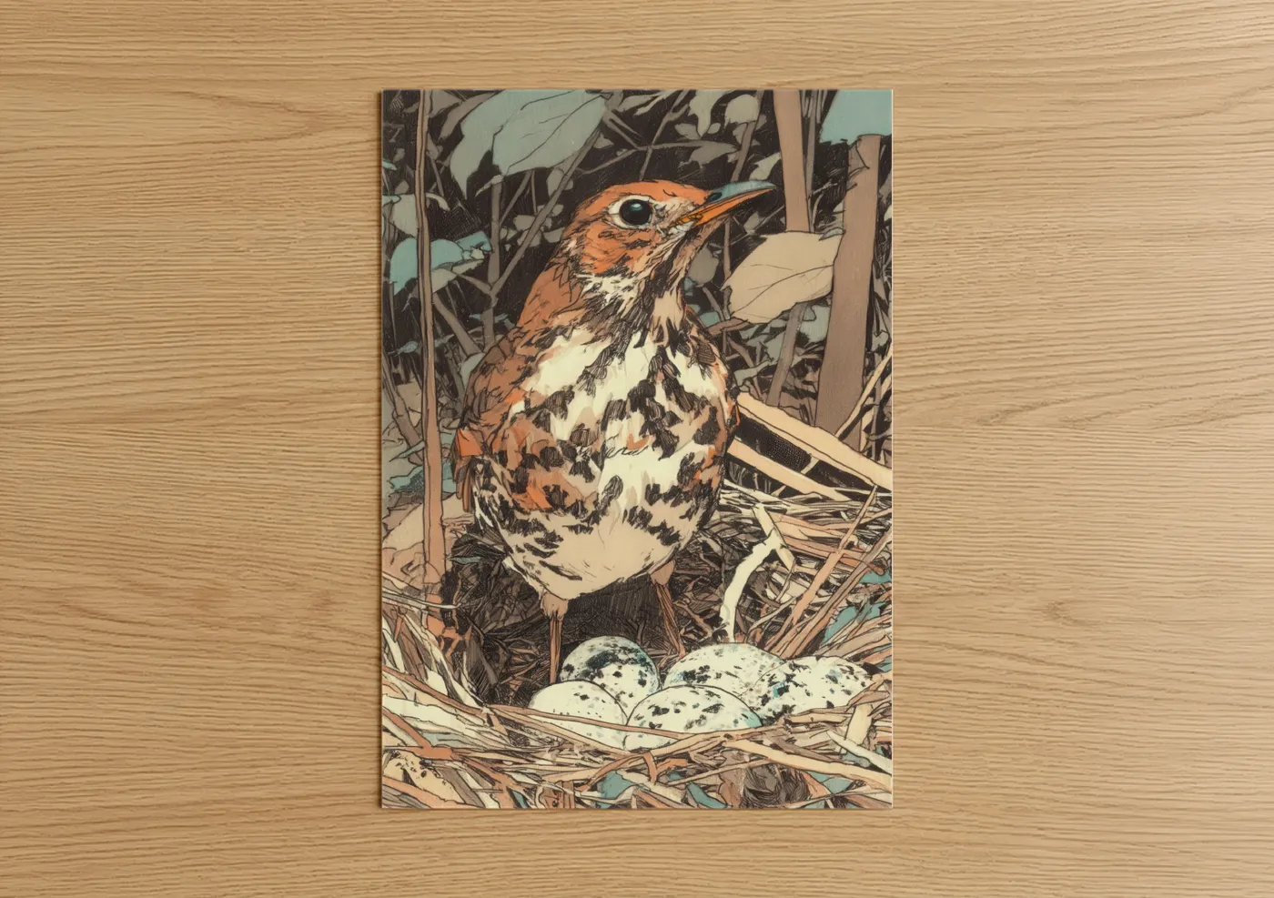 Art print on warm oak wood — russet and sage green palette — Nesting Thrush poster