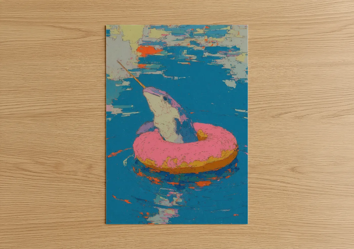 Art print on warm oak wood — blue and pink palette — Whimsical Narwhal poster