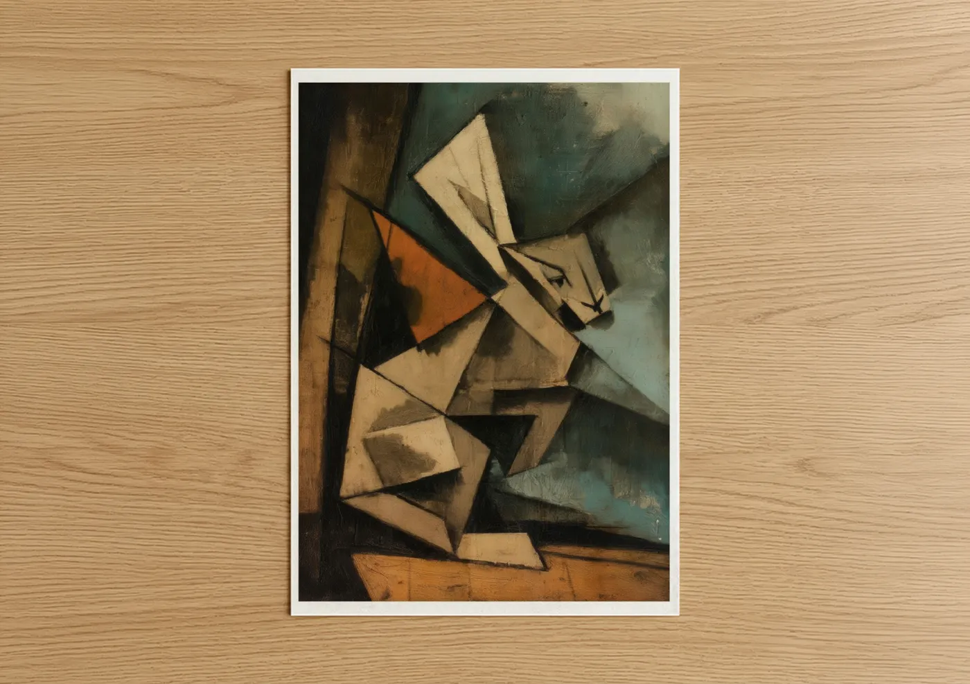 Art print on warm oak wood — cream and orange palette — Cubist Rabbit poster