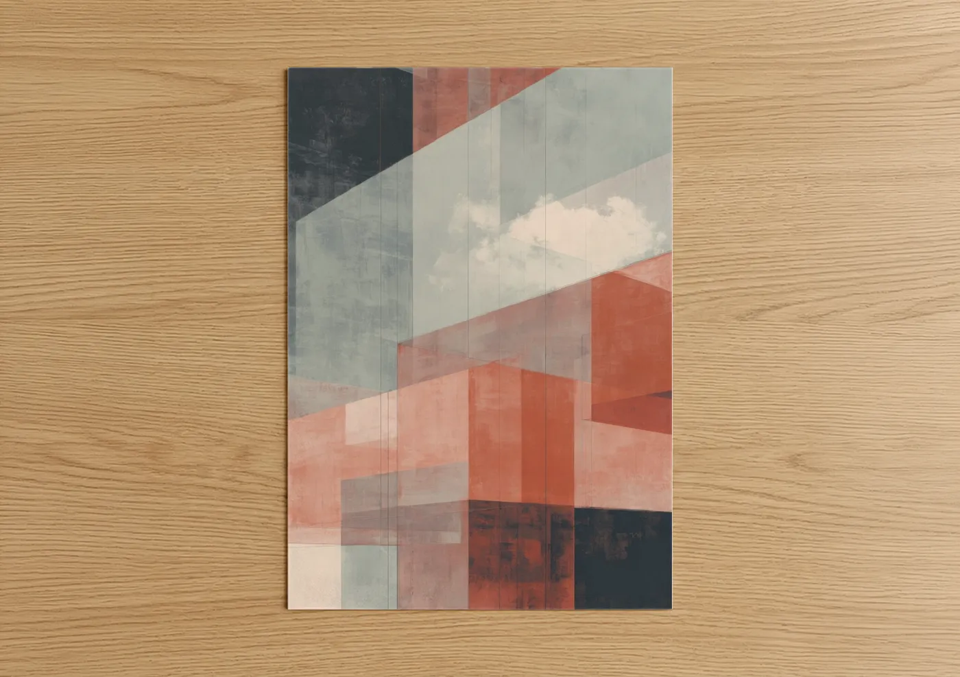 Abstract geometric art print on warm oak wood — salmon pink and dove gray palette — Geometric Skyline poster
