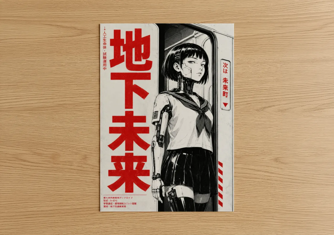 Anime and manga art print on warm oak wood — black and white and red palette — Cyberpunk Anime Girl Retrofuturism Wall Art poster