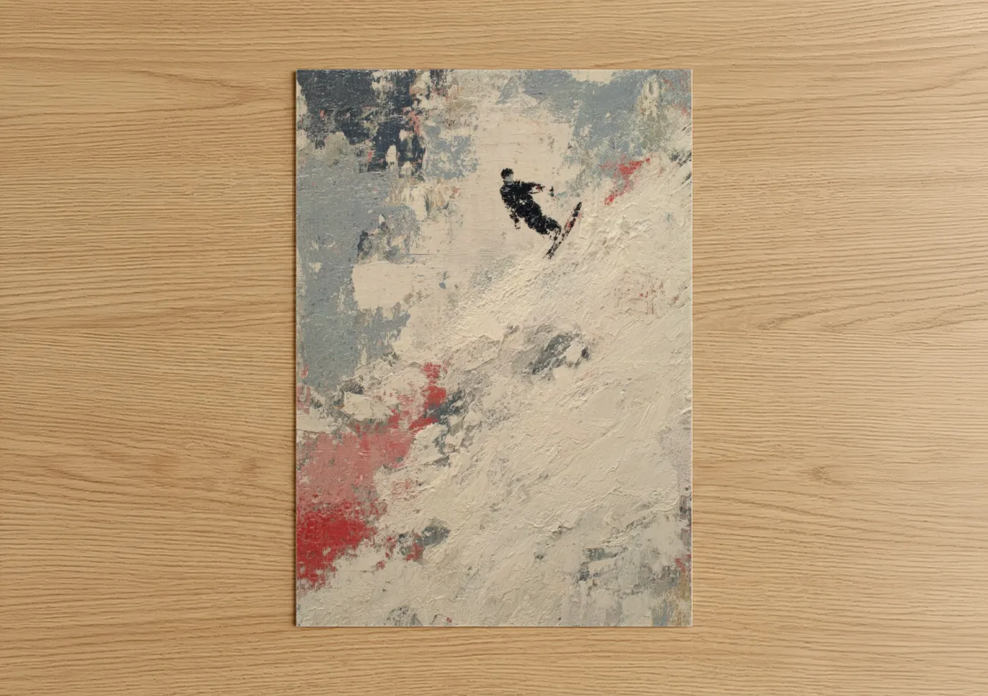 Snowboarding art print on warm oak wood — cream and dove gray palette — Aerial Snowboarder poster