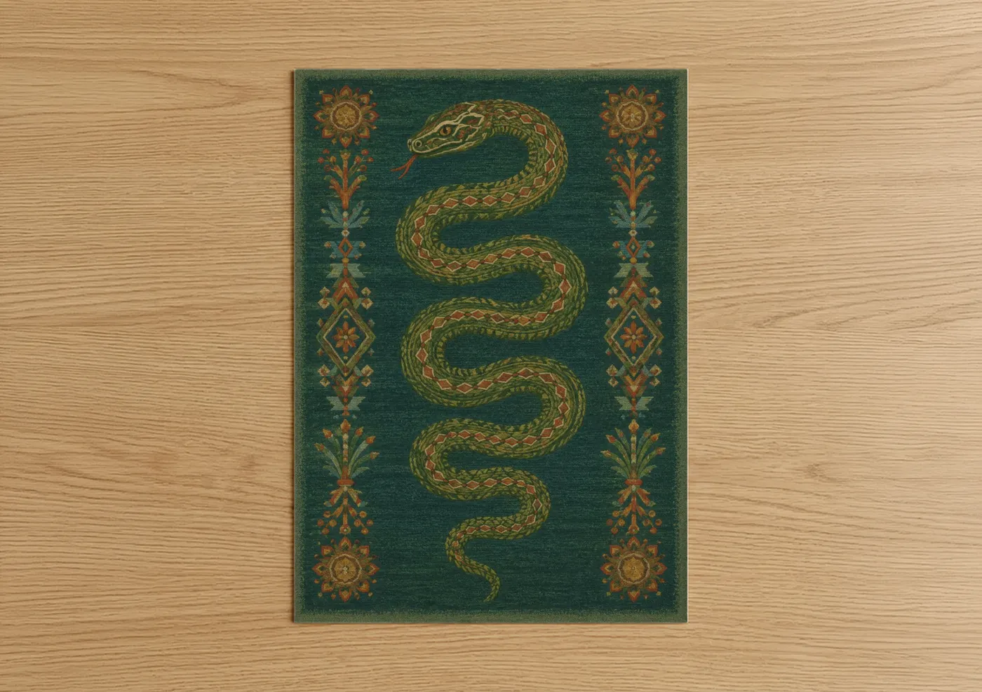 Snake art print on warm oak wood — dark green and gold palette — Ornate Serpent Symmetry Wall Art poster
