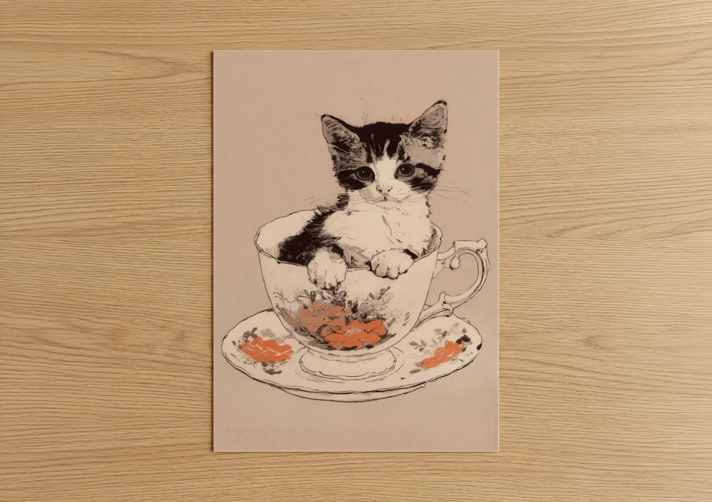 Black and White Kitten Teacup Illustration Wall Art