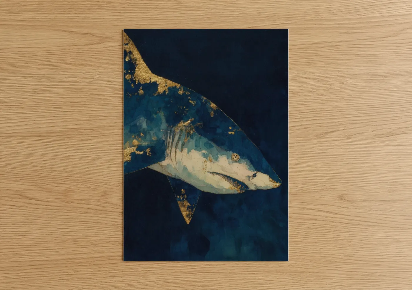 Art print on warm oak wood — blue and gold and dark blue palette — Golden Lemon Shark poster