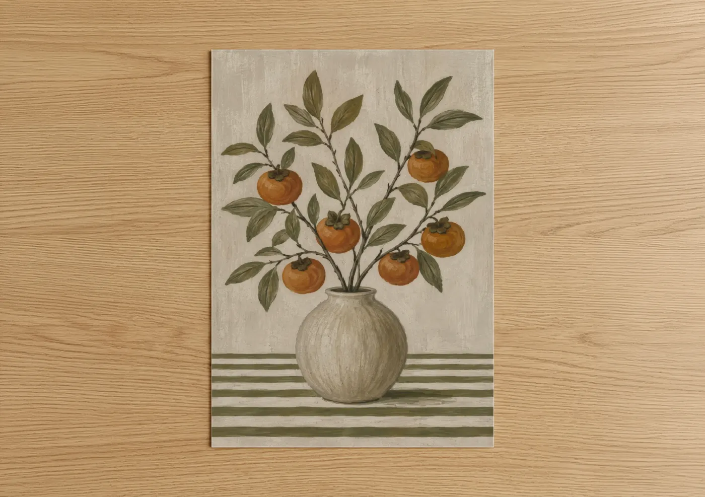 Fruit trees art print on warm oak wood — olive and beige palette — Persimmon Branch in Vase Wall Art poster