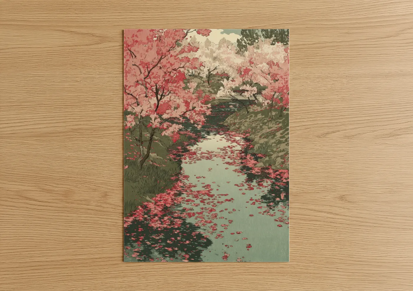 Rivers art print on warm oak wood — pink and sage green palette — Cherry Blossom River poster