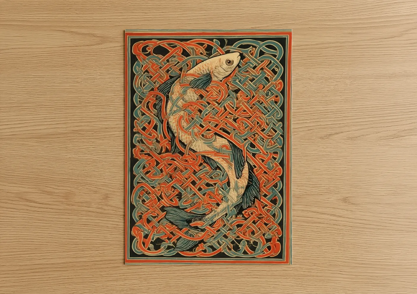 Art print on warm oak wood — russet and dark green palette — Celtic Zebrafish poster