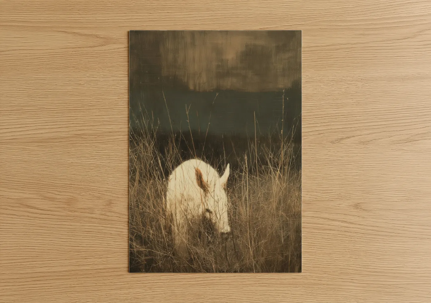 Art print on warm oak wood — beige and brown palette — Cream Aardvark poster