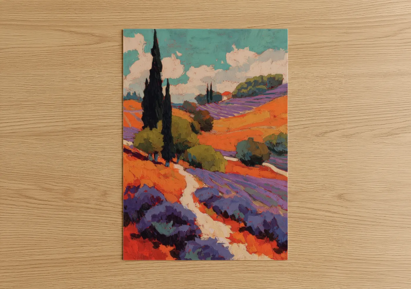 Art print on warm oak wood — orange and purple palette — Tuscan Vineyards poster