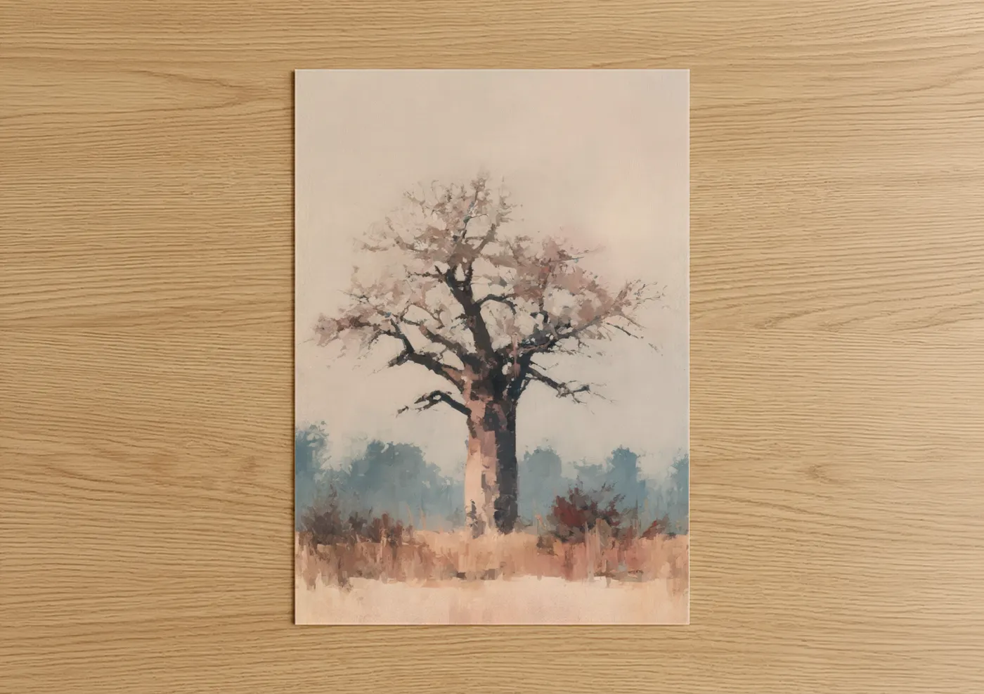 Baobab tree art print on warm oak wood — beige and dove gray palette — Misty Baobab poster