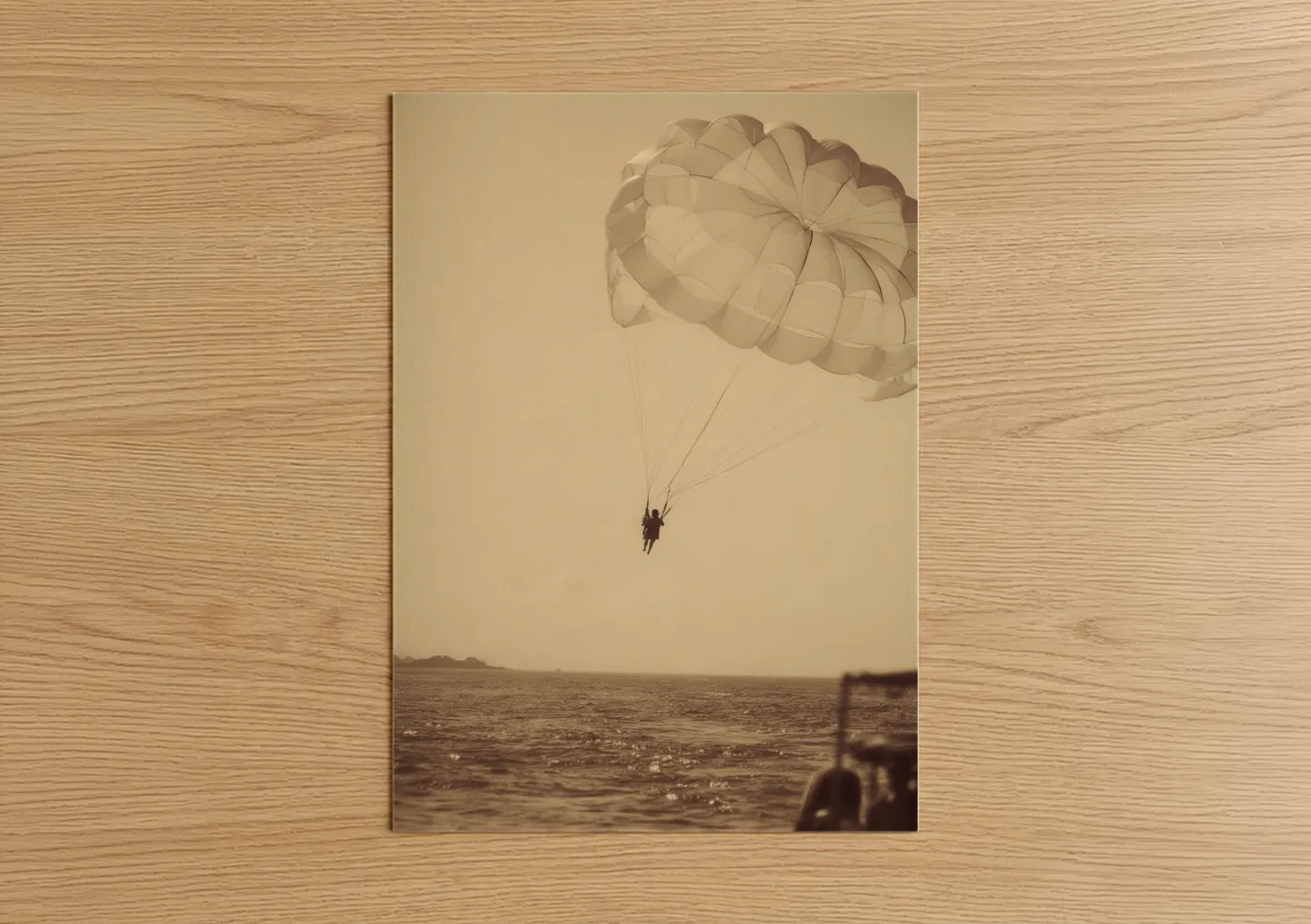 Art print on warm oak wood — beige and cream palette — Coastal Parasailing poster