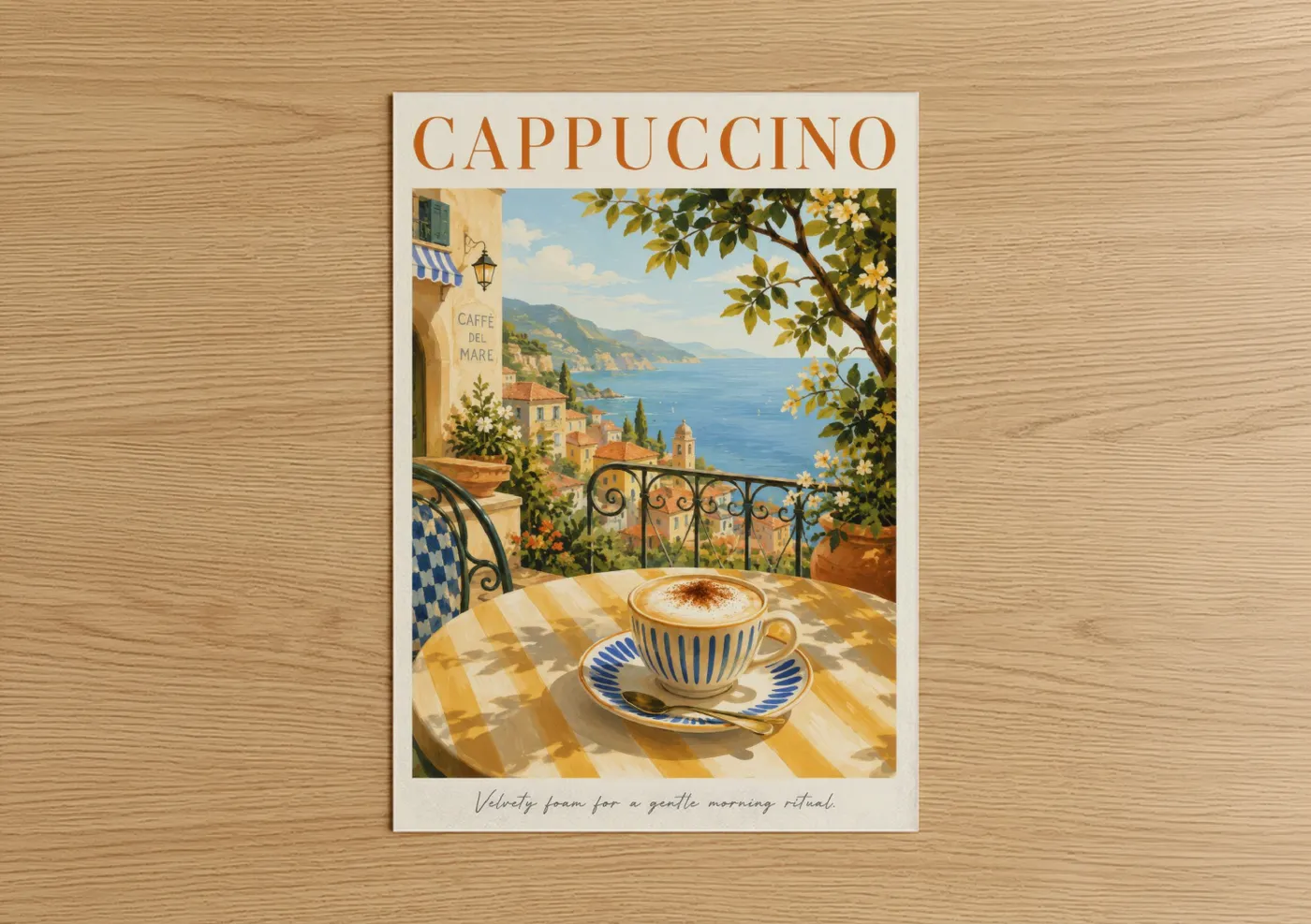 Coffee art print on warm oak wood — blue and cream palette — Italian Coastal Cappuccino Morning Wall Art poster