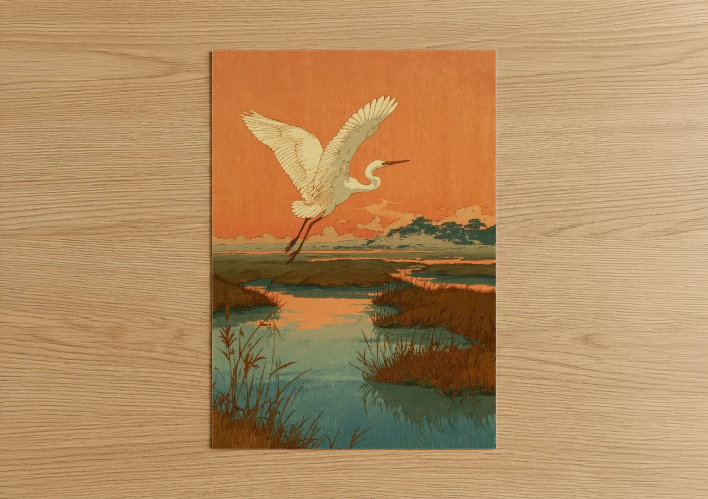 Heron Sunset Flight Japanese Woodblock Wall Art