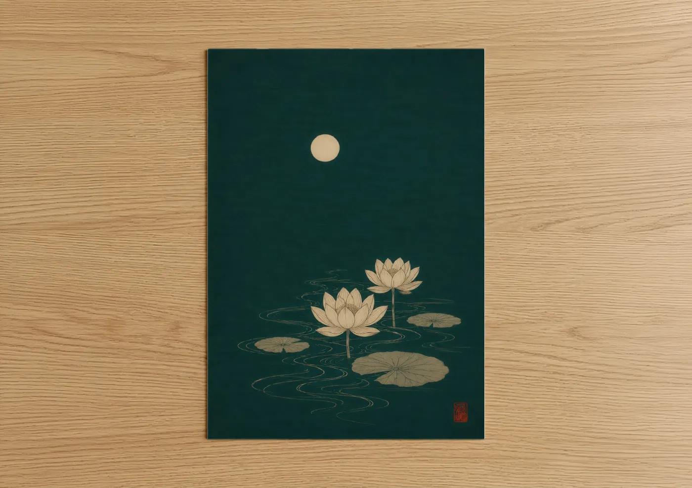 Art print on warm oak wood — teal and beige palette — Moonlit Lotus Pond Zen Wall Art poster