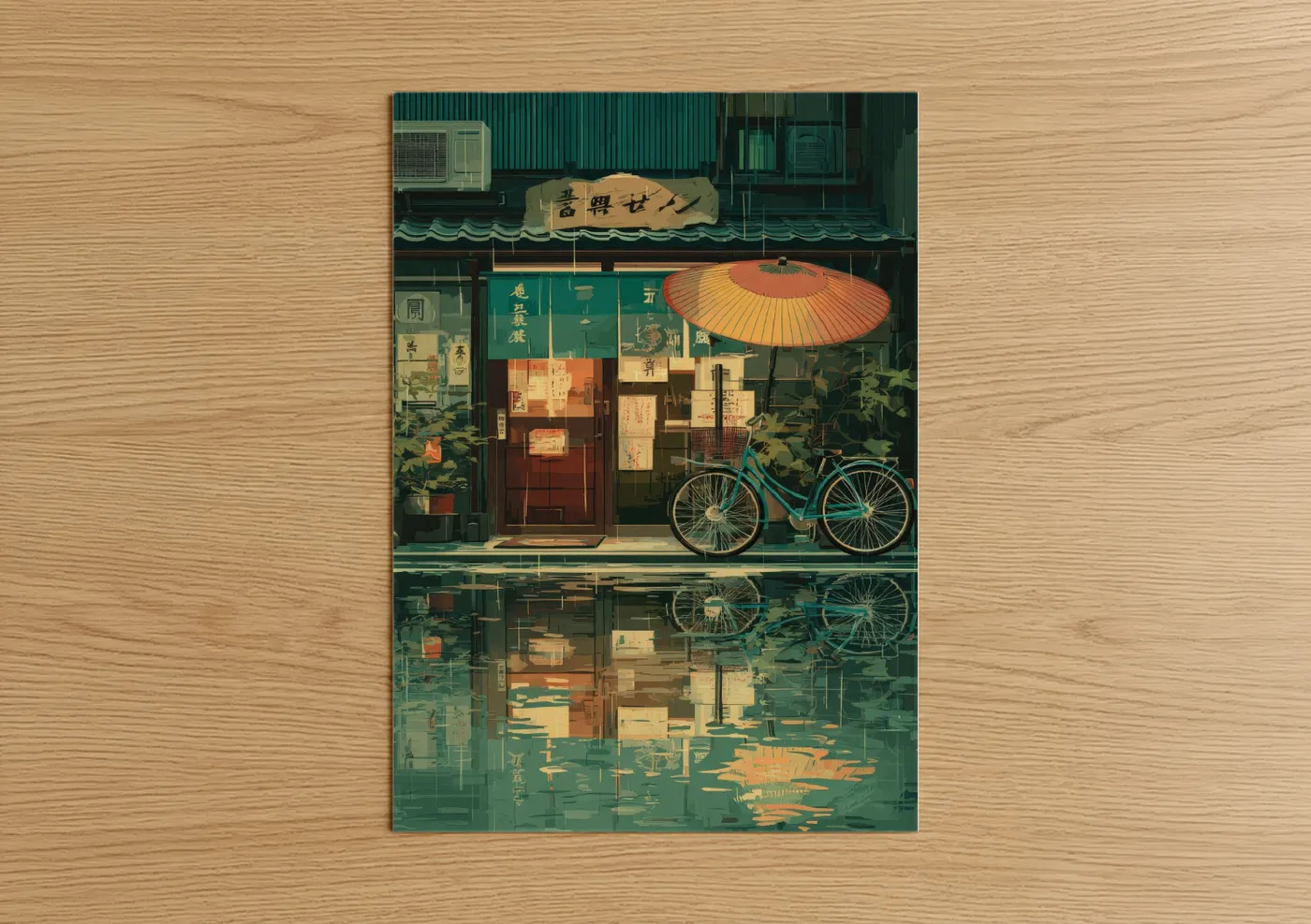 Urban bicycle art print on warm oak wood — teal and gold palette — Rainy Shopfront poster
