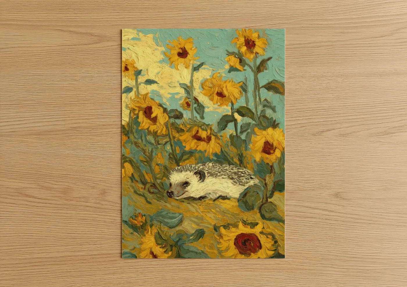 Art print on warm oak wood — yellow gold and blue and green palette — Sunflower Hedgehog poster