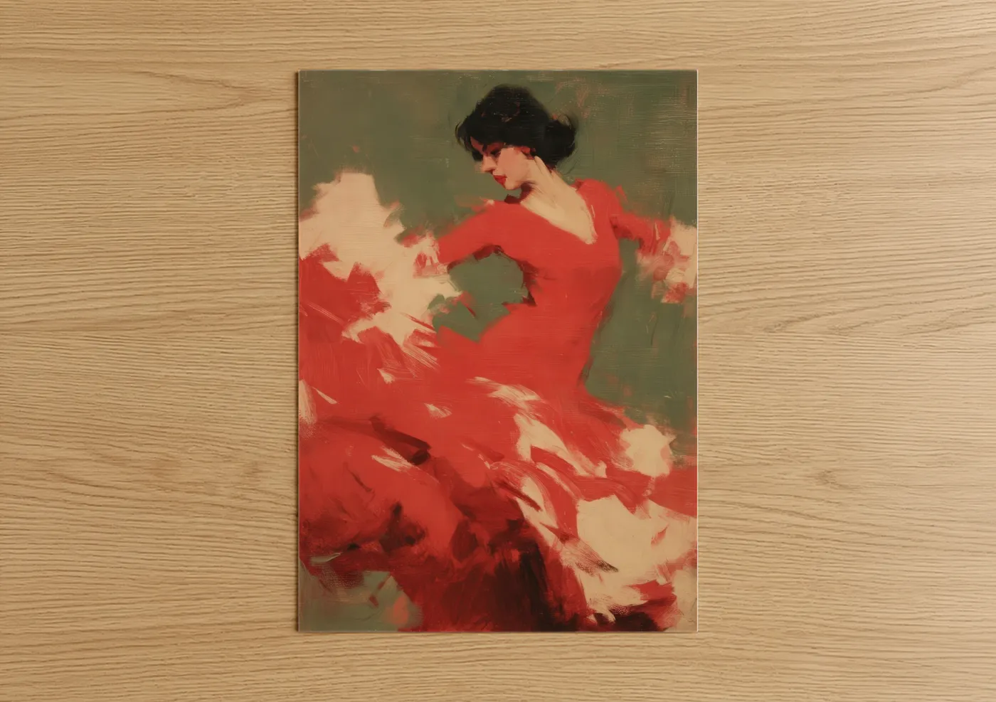 Art print on warm oak wood — red and sage green palette — Crimson Flamenco poster