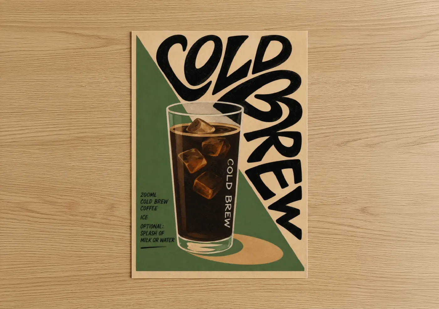 Art print on warm oak wood — beige and true green palette — Cold Brew Coffee Vintage Wall Art poster