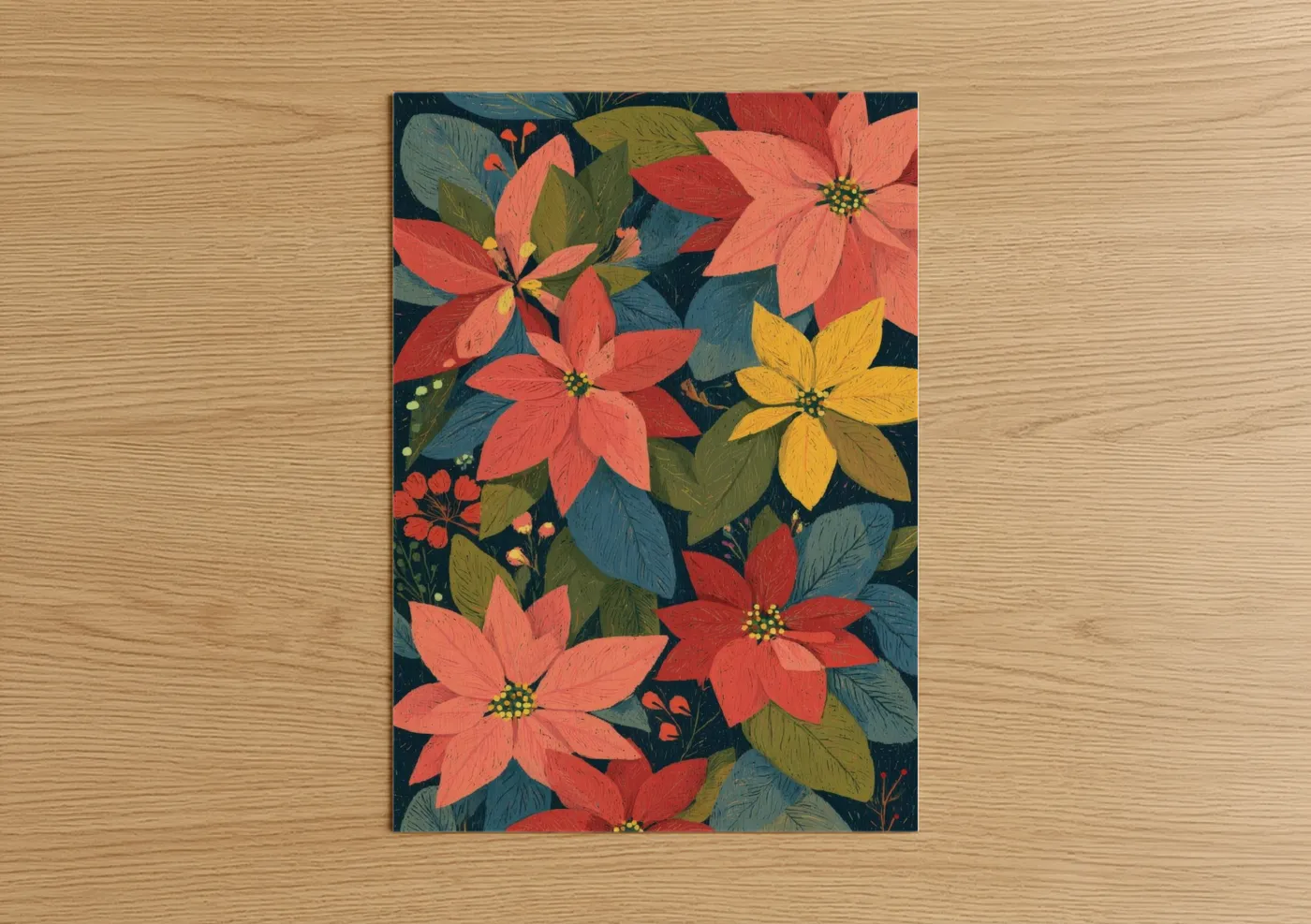 Art print on warm oak wood — red and dark blue palette — Festive Poinsettias poster