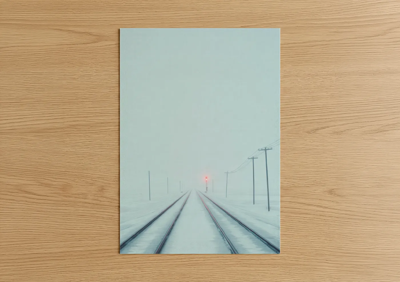 Train tracks art print on warm oak wood — blue and white and gray palette — Snowy Rails poster