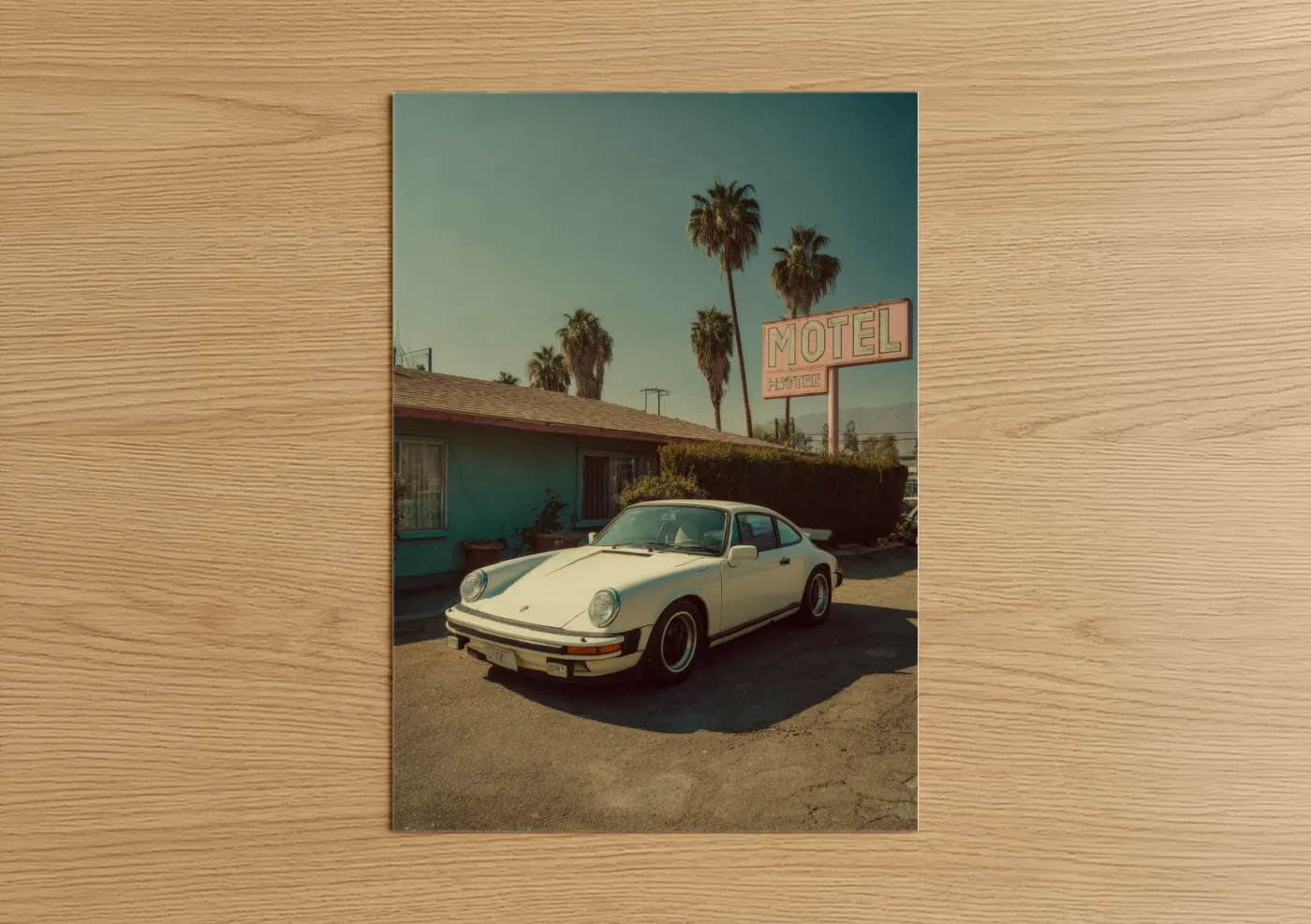 Sports car art print on warm oak wood — cream and teal palette — Desert Porsche poster
