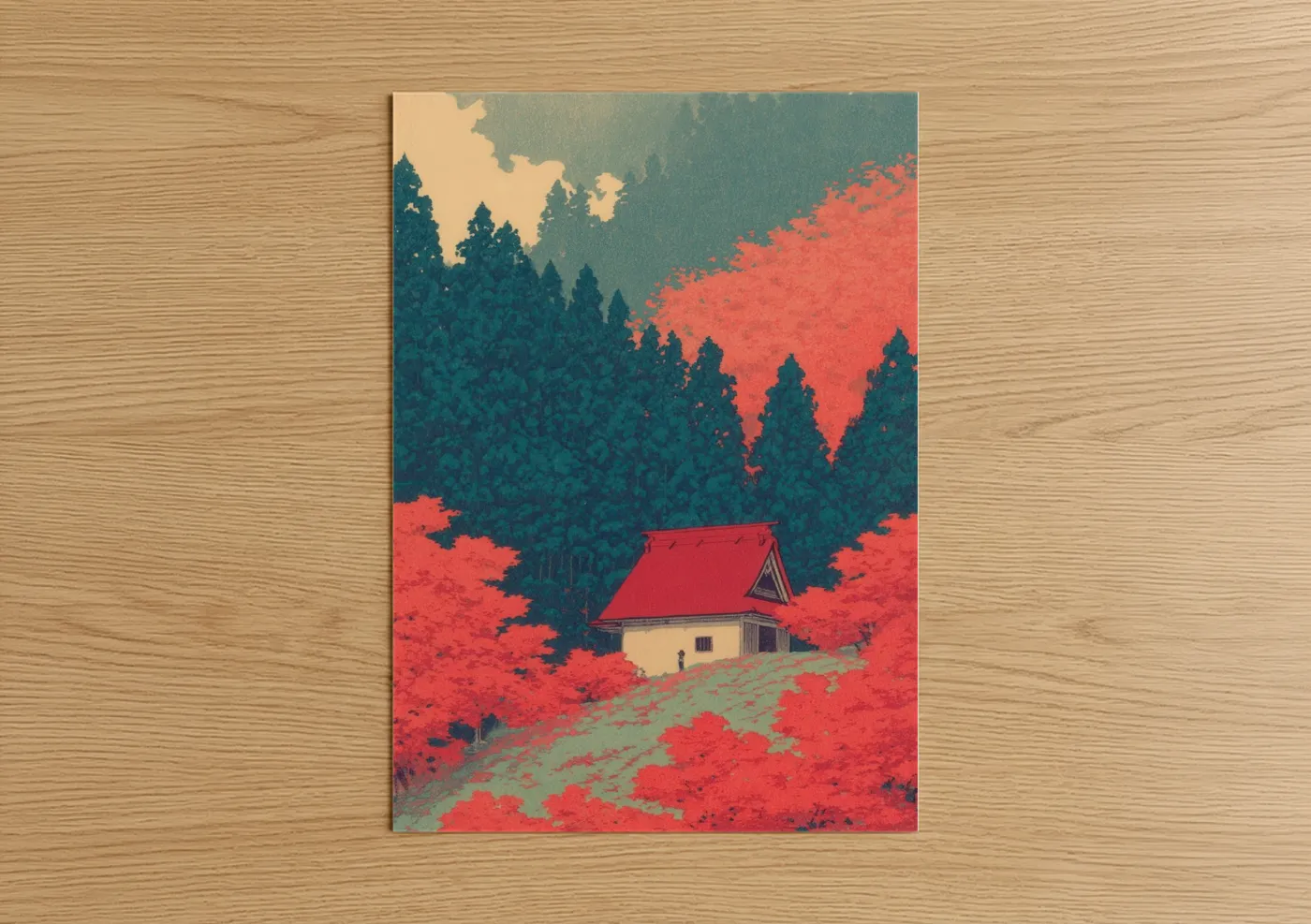 Red Cottage Chapel Forest Landscape Wall Art
