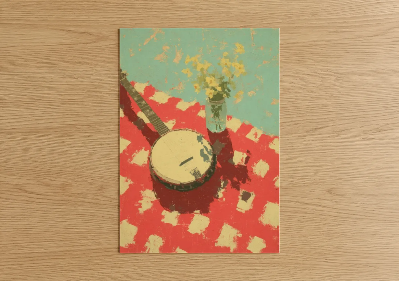 Art print on warm oak wood — red and turquoise palette — Vintage Banjo poster