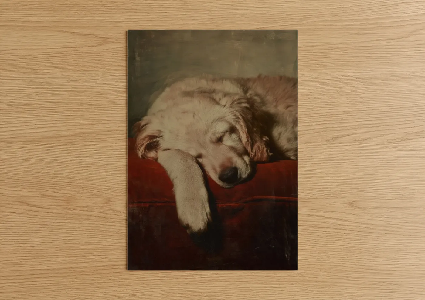 Golden Retriever Sleeping on Red Sofa Wall Art