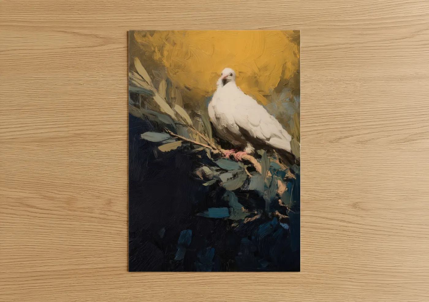Art print on warm oak wood — gold and blue and white palette — Golden Dove Perch poster