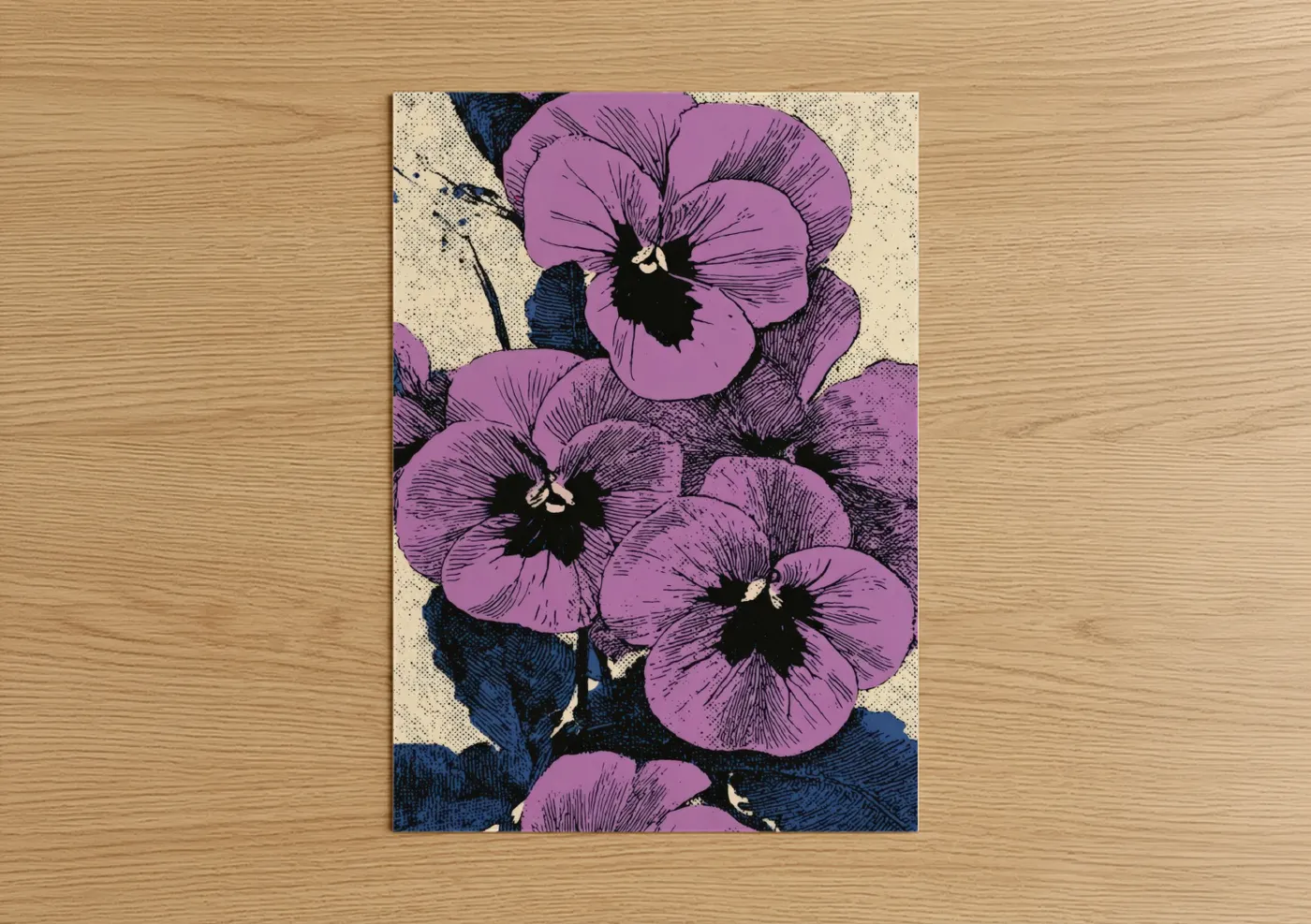Art print on warm oak wood — magenta and black and blue palette — Purple Violets Botanical poster