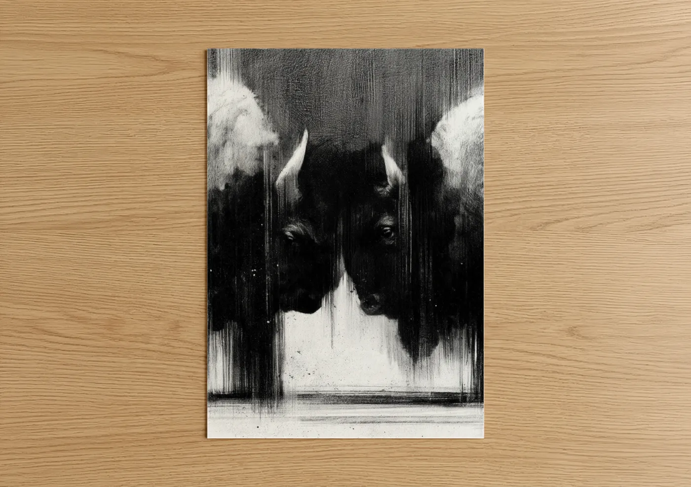 Mirrored Bison Duality Black and White Wall Art