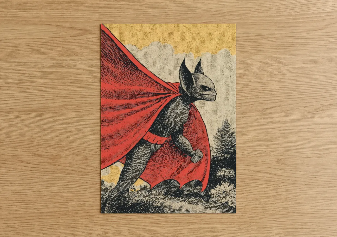Superhero Bat Red Cape Illustration Wall Art