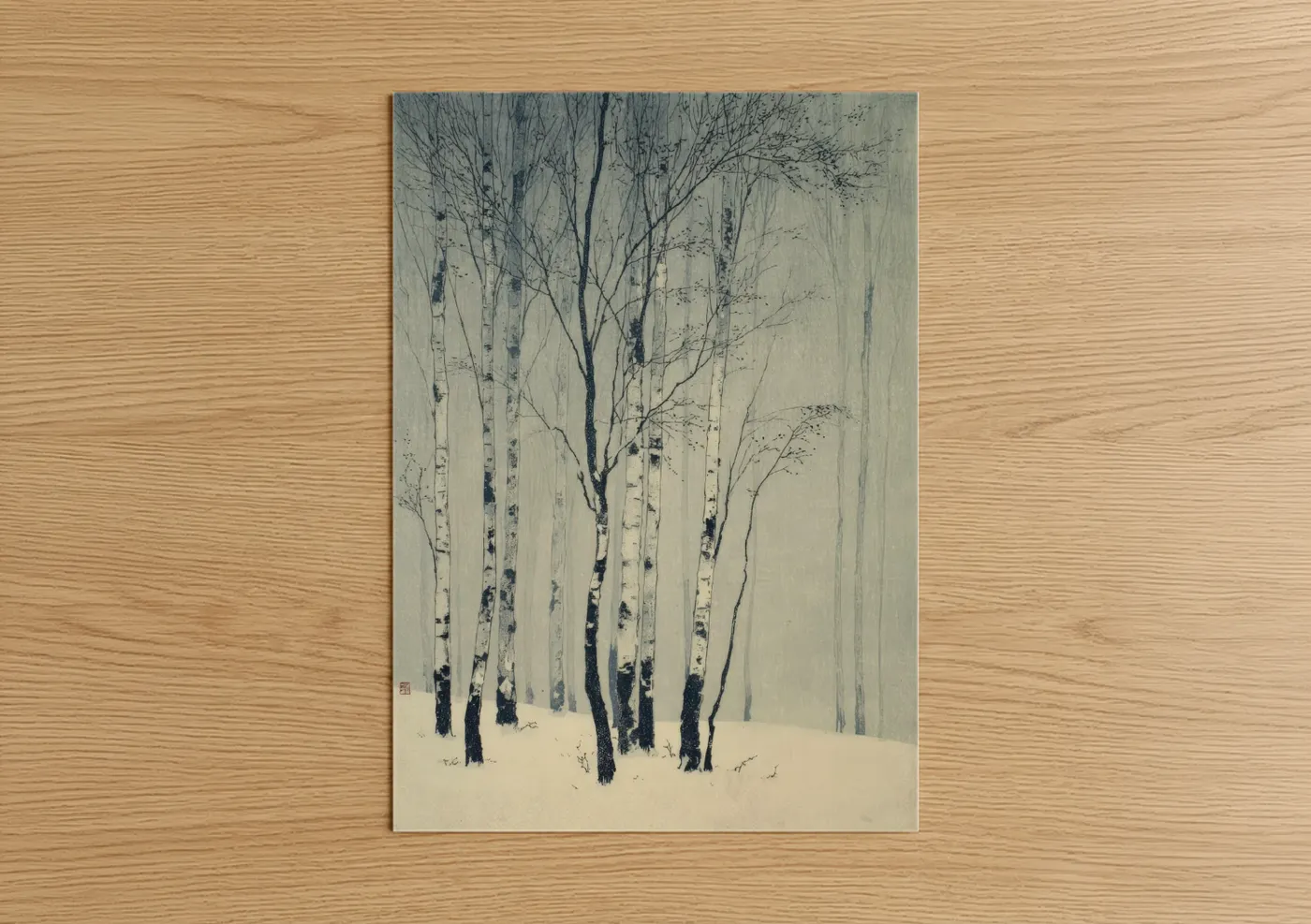 Forest trees art print on warm oak wood — gray and black and white palette — Snowy Birch Forest poster