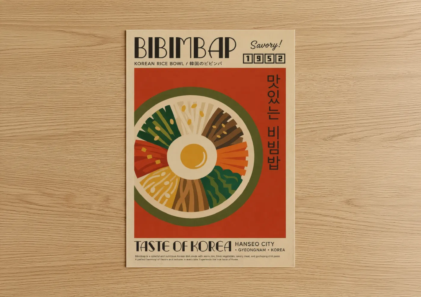 Food art print on warm oak wood — red and orange palette — Korean Bibimbap Bowl Wall Art poster