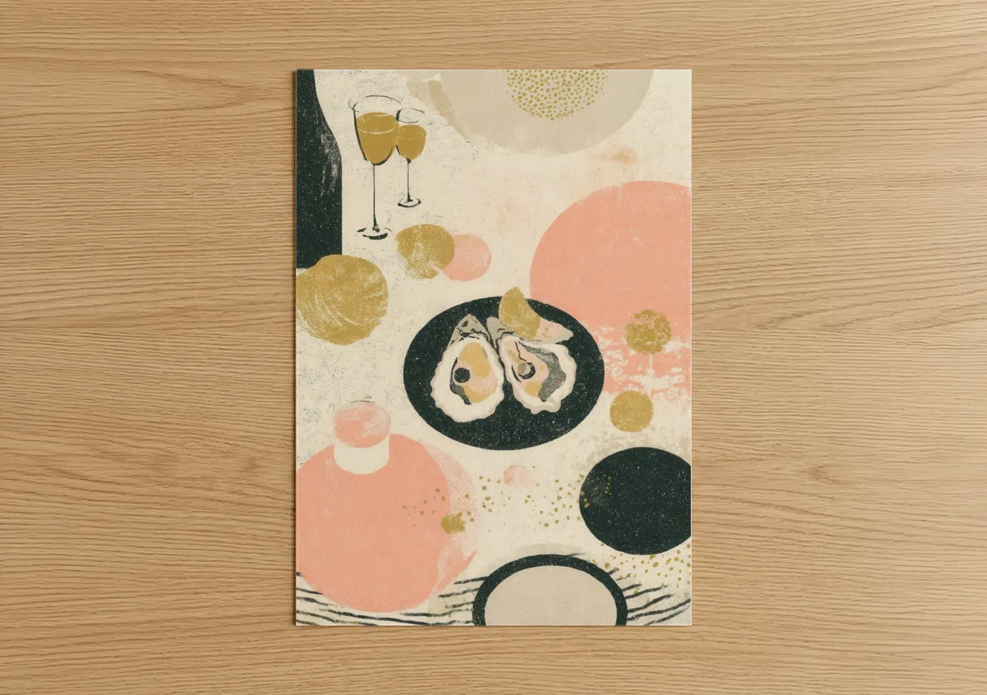 New years eve art print on warm oak wood — gold and salmon pink palette — Champagne Celebration poster